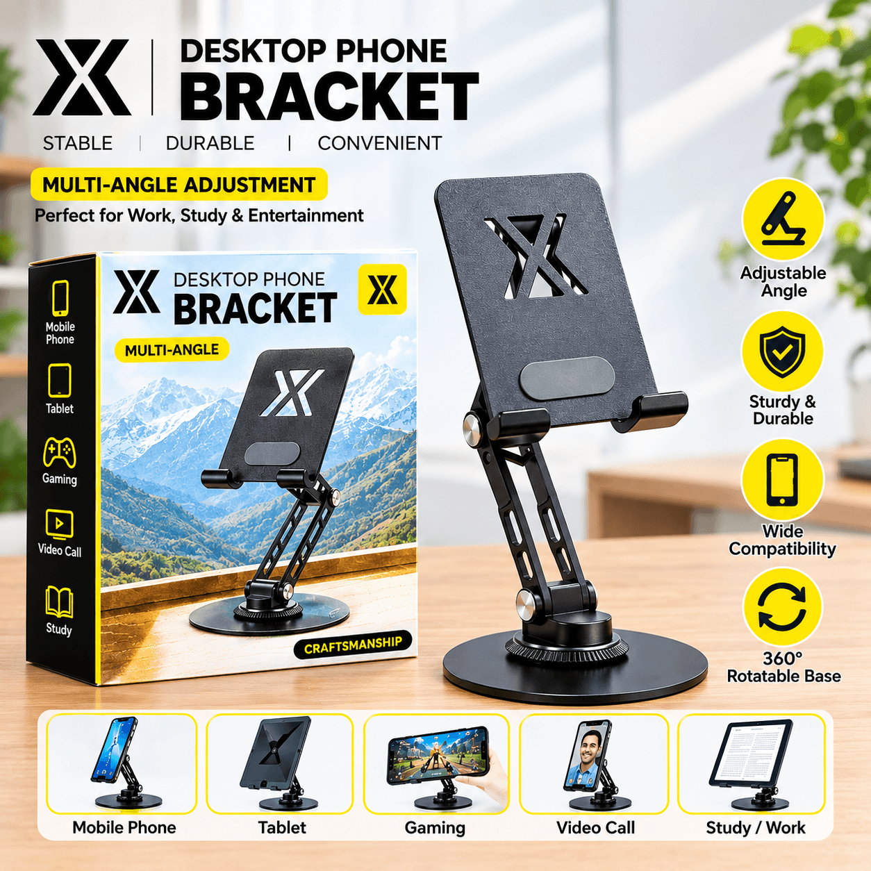Adjustable Desktop Mobile Phone Bracket – 360° Rotating Phone Stand