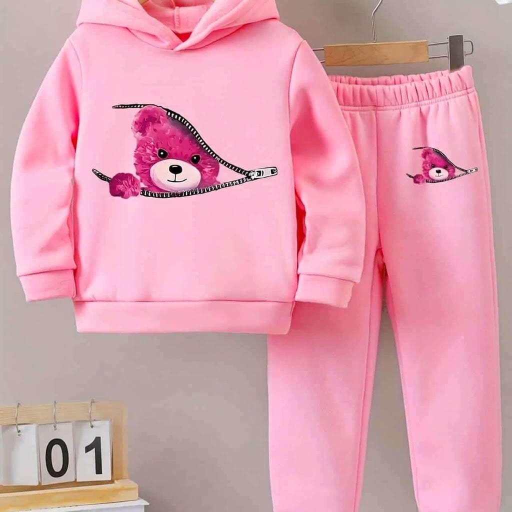 Baby Girls Winter Warm Fleece Hoodie & Pant Set (Pink Teddy Print)