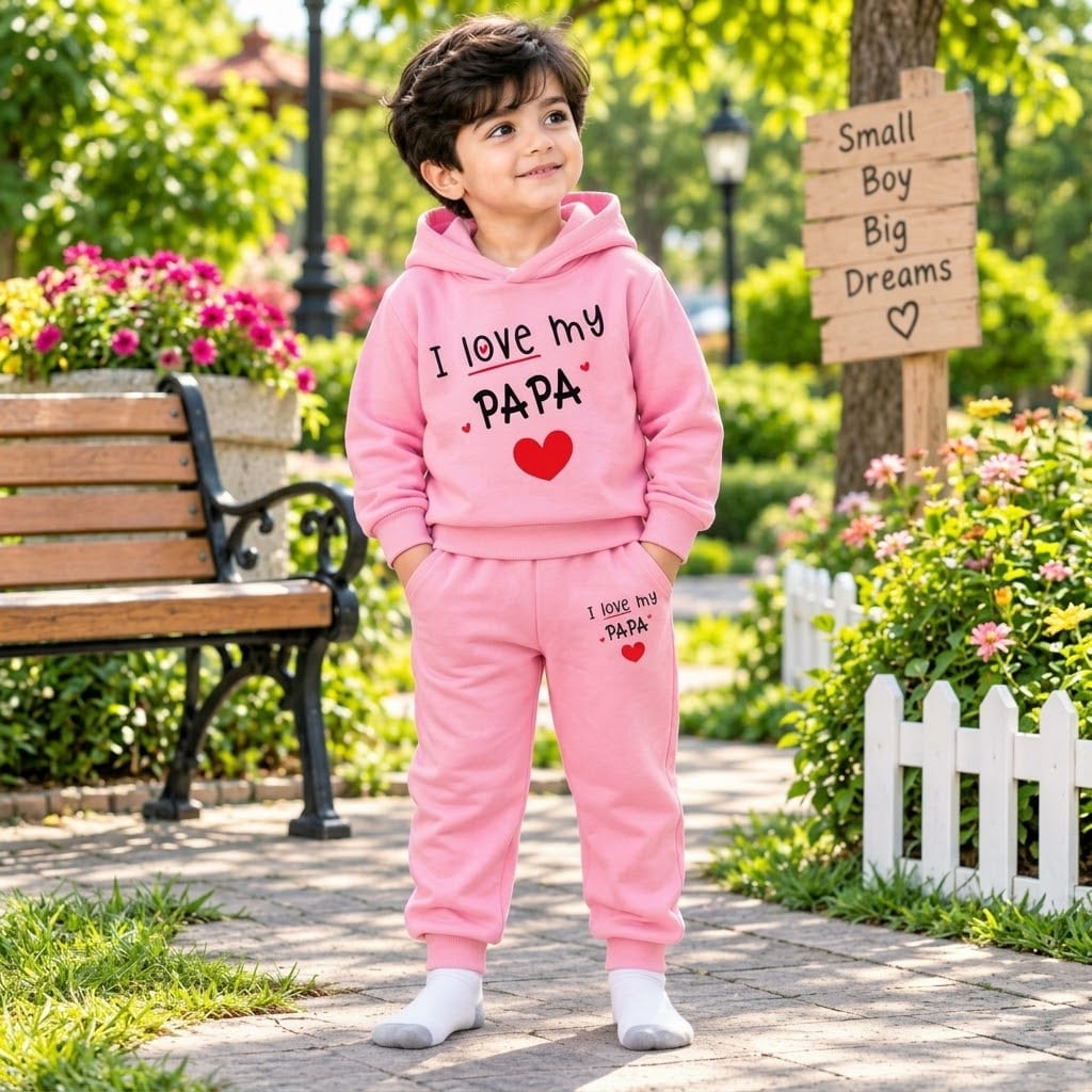 Kids Winter Warm Fleece Pink Hoodie & Trouser Set (I Love My Papa Print) – 1 to 12 Years