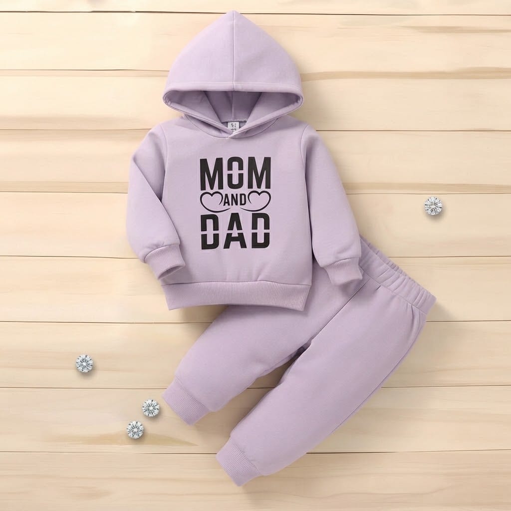 Kids Stylish Purple "Mom and Dad" Hoodie & Jogger Set